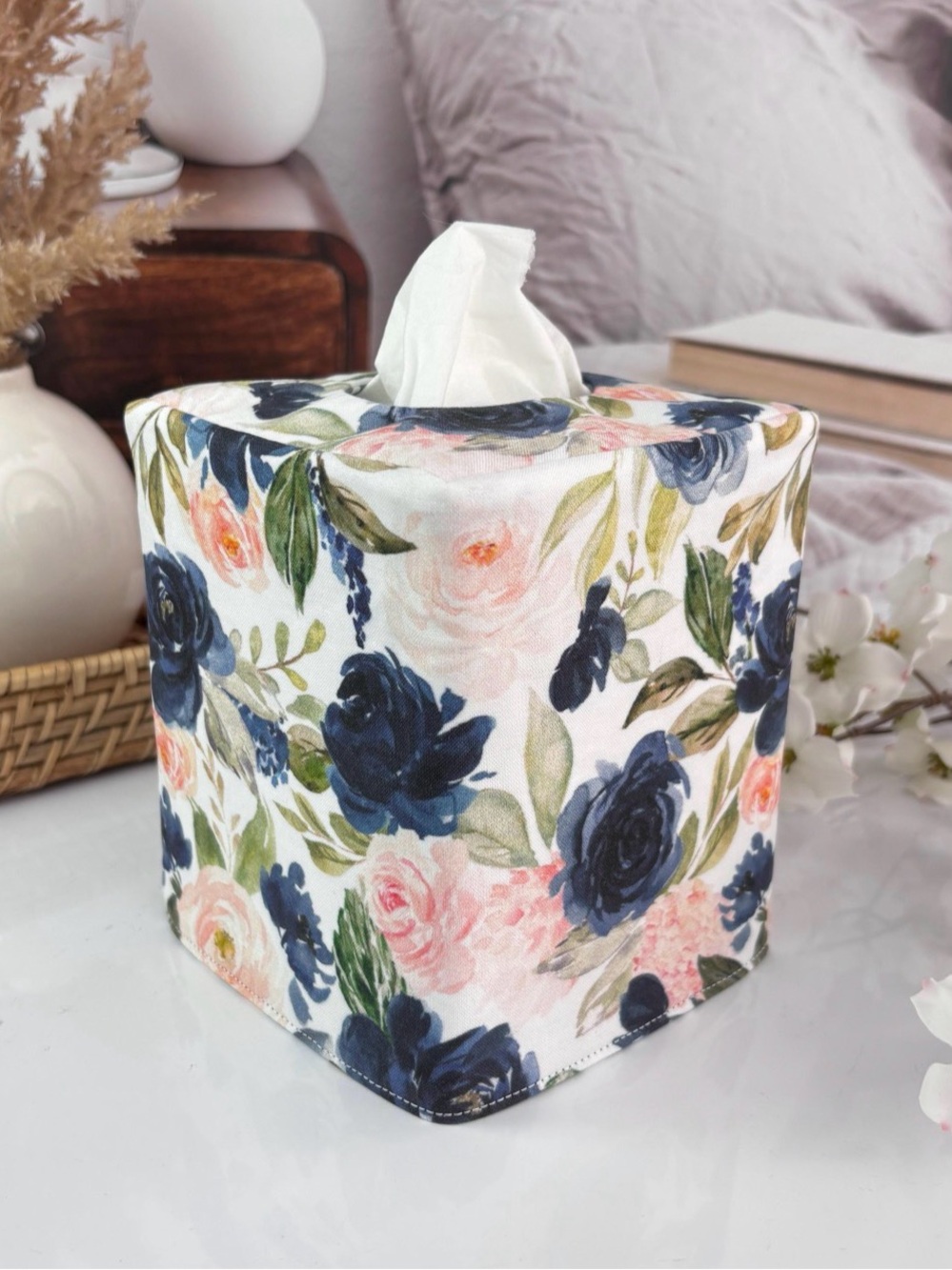 Tissue Box Cover Reversible Navy Pink Floral Gingham Handmade Cottage Decor